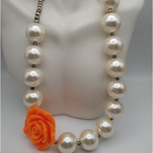 Orange marmalade rose‎ and faux jumbo pearl beaded statement necklace cute